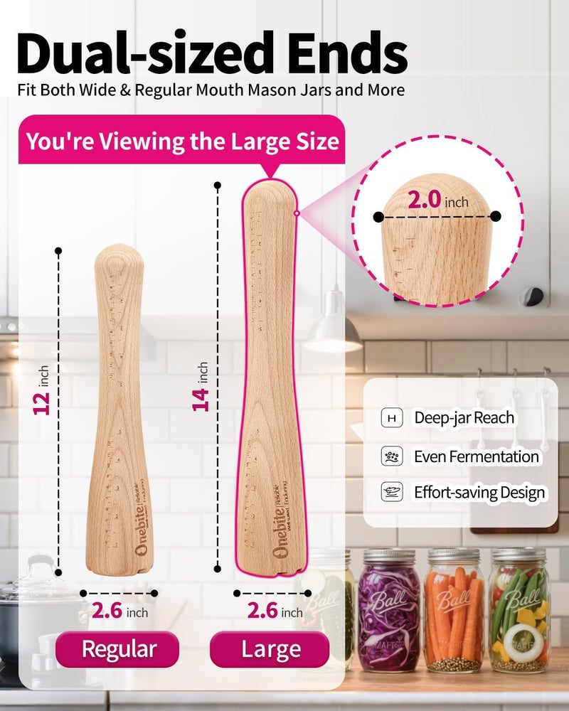 One Bite Sauerkraut Pounder for Mason Jars, Vegetable Fermentation Tamper for Sauerkraut Crocks with Scale Marks - 14" One Piece of Solid Wood, Upgraded Textured Base​ - Image 2